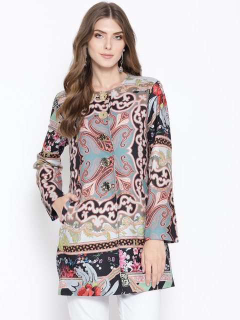 

NIZA Women Multicoloured Printed Collarless Coat, Multi