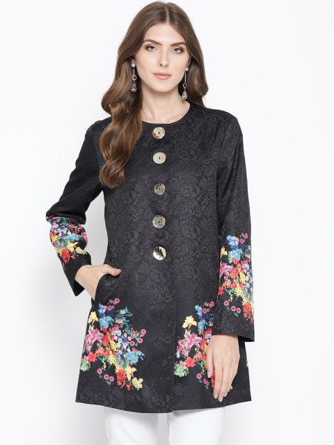 

NIZA Women Black Self-Design Collarless Coat