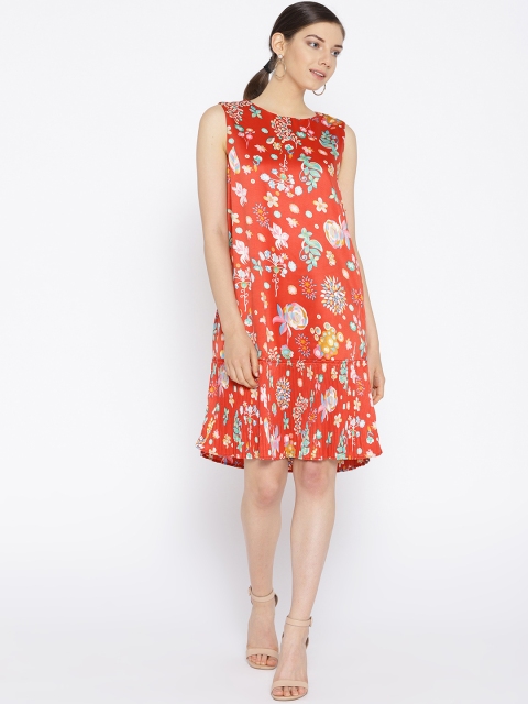 

NIZA Women Red & Green Printed Drop-Waist Dress
