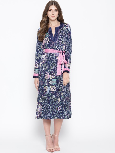 

NIZA Women Navy Blue & Green Printed Midi A-Line Dress