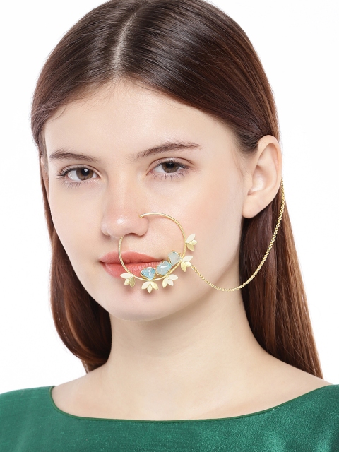 

AccessHer Gold-Toned & Blue Stone Nose Ring With Chain