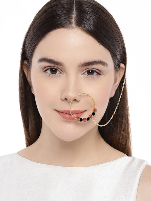 

AccessHer Gold-Toned & Pink Stone Nose Ring With Chain