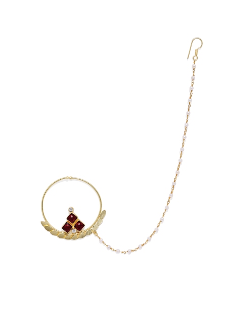 

AccessHer Gold-Toned & Maroon Ruby Stone Studded Nose Ring With Chain