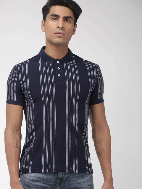 

Denizen From Levis Men Navy Blue & White Striped Polo Collar T-shirt