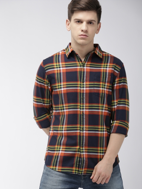 

Denizen From Levis Men Orange & Navy Blue Regular Fit Checked Casual Shirt