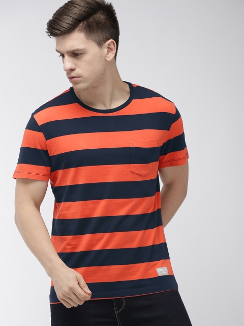 

Denizen From Levis Men Orange & Navy Blue Striped Round Neck T-shirt
