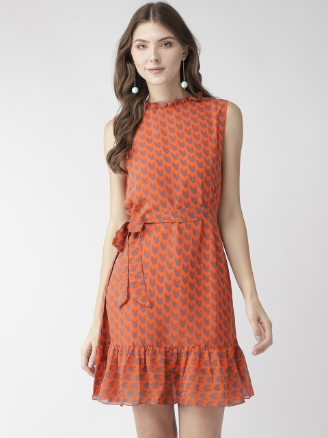 

MISH Women Rust Orange & Blue Printed A-Line Dress