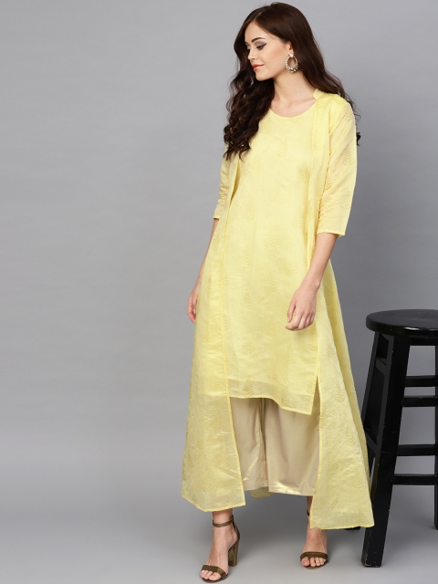 

Ahalyaa Women Yellow & Golden Printed Layered A-Line Kurta
