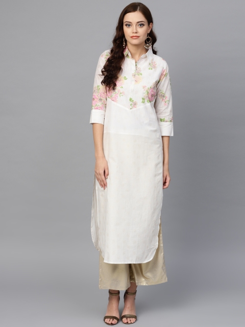 

Ahalyaa Women Off-White & Pink Printed Pathani Kurta