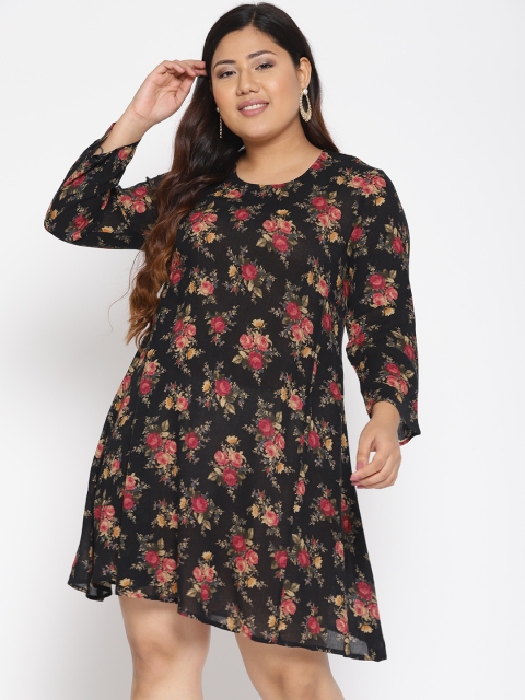 

The Pink Moon Plus Size Women Black Red Floral Print A-Line Dress