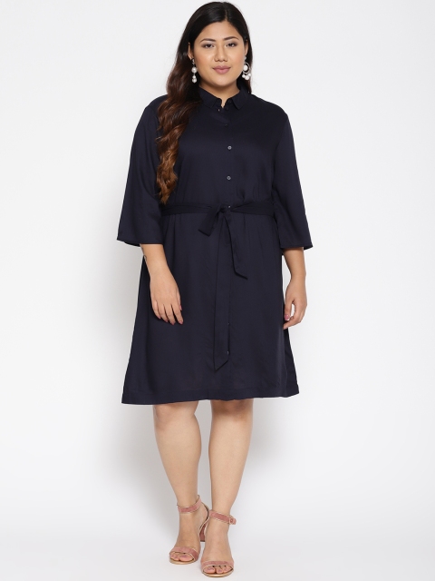 

The Pink Moon Plus Size Women Navy Blue Solid Shirt Dress