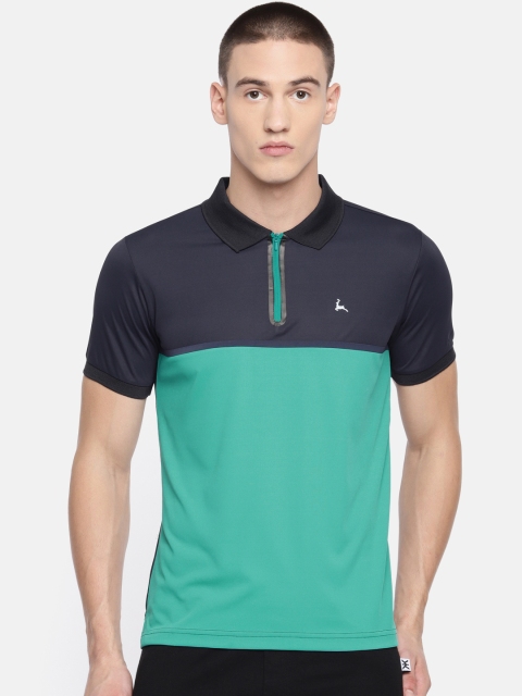 

Parx Men Navy Blue & Green Colourblocked Polo Collar T-shirt