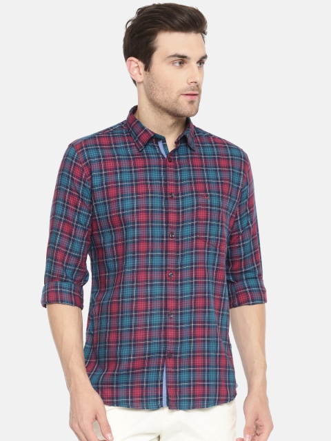 

Parx Men Red & Teal Blue Slim Fit Checked Casual Shirt