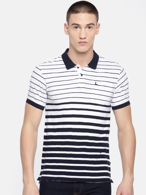 

Parx Men White & Navy Blue Striped Polo Collar T-shirt