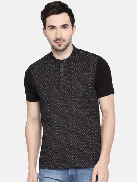 

Parx Men Black Printed Henley Neck Pure Cotton T-shirt