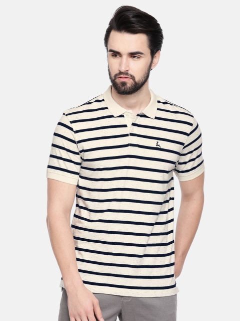 

Parx Men Off-White & Black Striped Polo Collar T-shirt