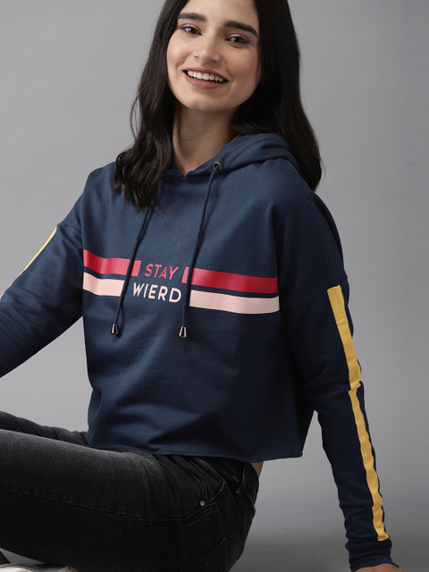 

HERE&NOW Women Navy Blue Printed Hooded Crop Sweatshirt