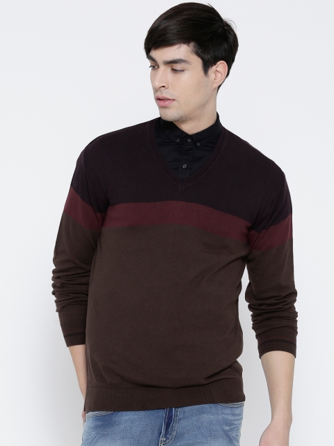 

Locomotive Brown Colourblocked Striped Sweater