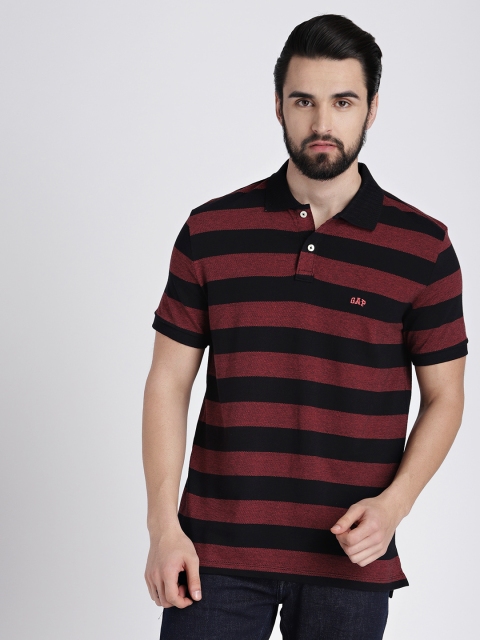 

GAP Men Black & Maroon Striped Polo Collar T-shirt