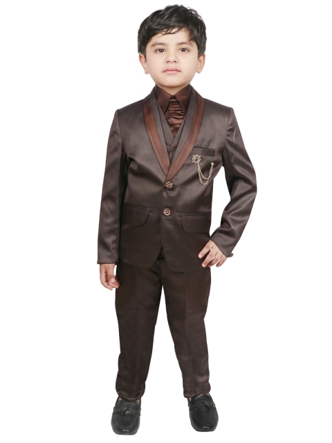 

SG YUVRAJ Boys Coffee Brown Solid Single-Breasted Suit