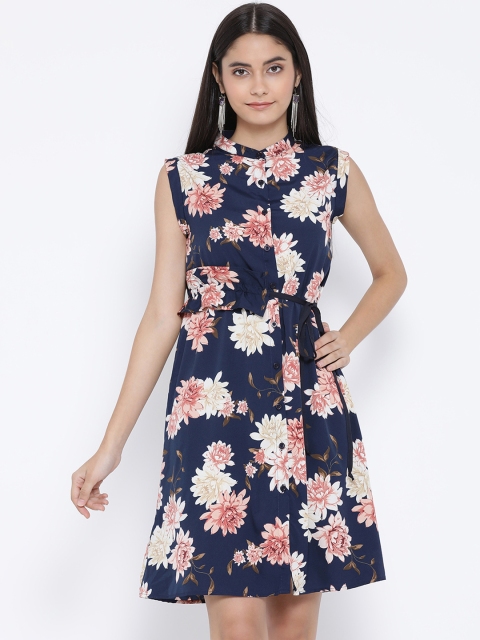 

Oxolloxo Women Navy Blue Floral Print Shirt Dress