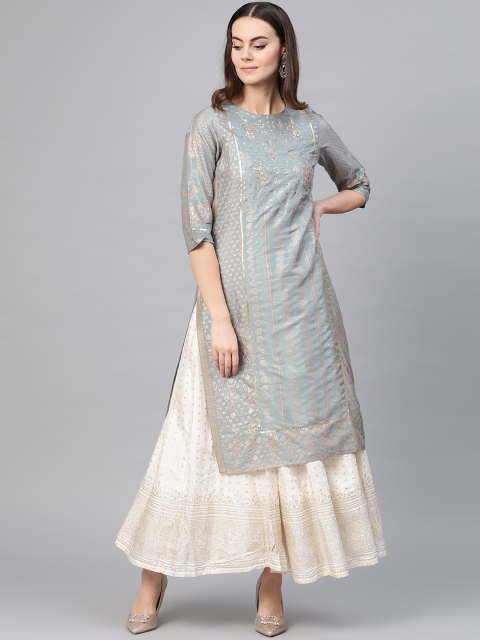 

W Women Grey & Golden Printed Straight Kurta