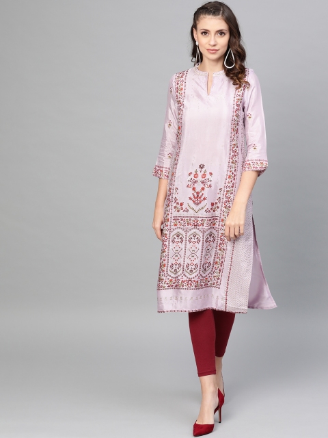 

W Women Purple & Golden Printed Straight Kurta