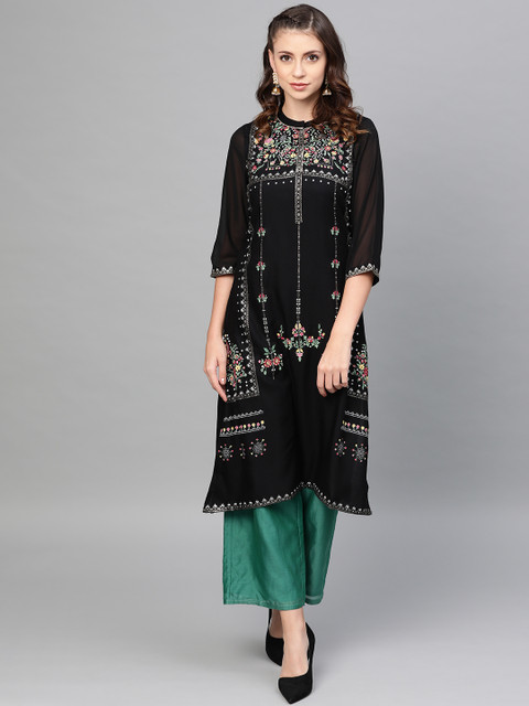 

W Women Black & Golden Printed A-Line Kurta