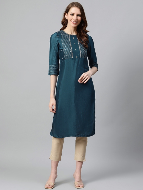 

W Women Teal Blue & Golden Yoke Design Straight Kurta