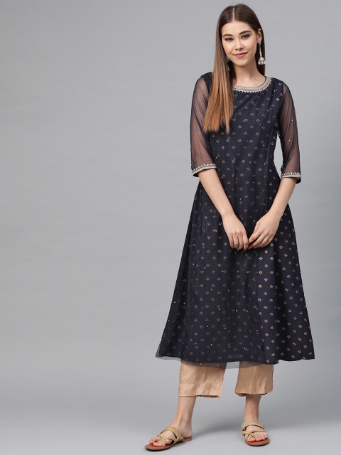 omen Navy Blue & Golden Layered Printed A-Line Kurta