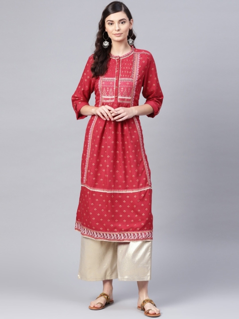 omen Red & Golden Printed A-Line Sustainable Kurta