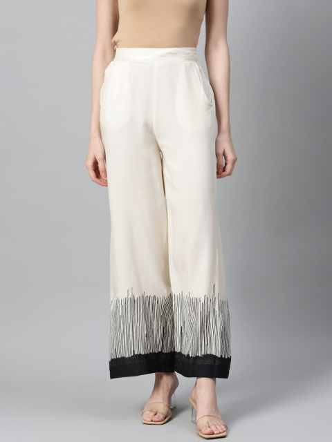 

W Women Cream-Coloured & Black Solid Wide Leg Palazzos, Off white
