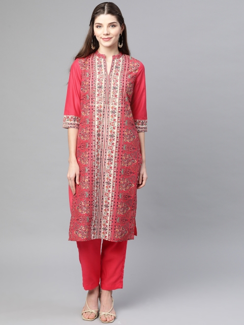 

W Women Fuchsia Pink & White Printed Pure Cotton Straight Kurta