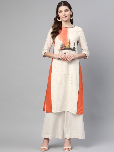 

W Women Orange & Off-White Printed Pure Cotton Straight Kurta