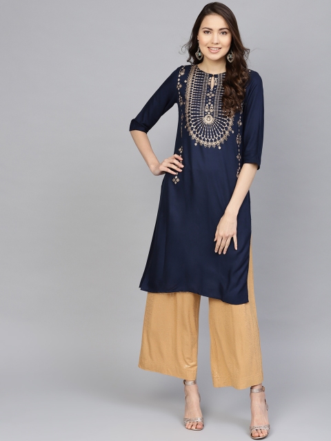 

W Women Navy Blue & Golden Yoke Design Straight Kurta