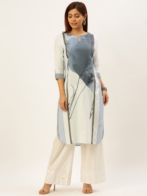 

W Women White & Blue Printed Straight Kurta