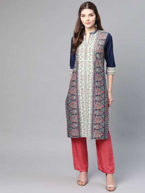 

W Women Navy Blue & White Printed Pure Cotton Straight Kurta