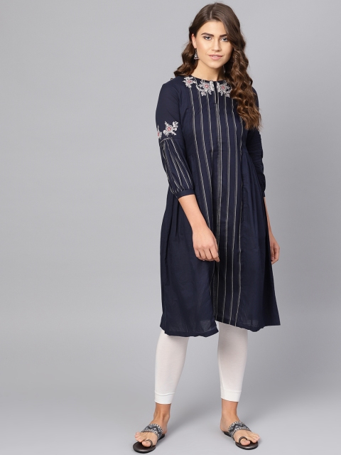 

W Women Navy Blue & Off-White Striped A-Line Kurta