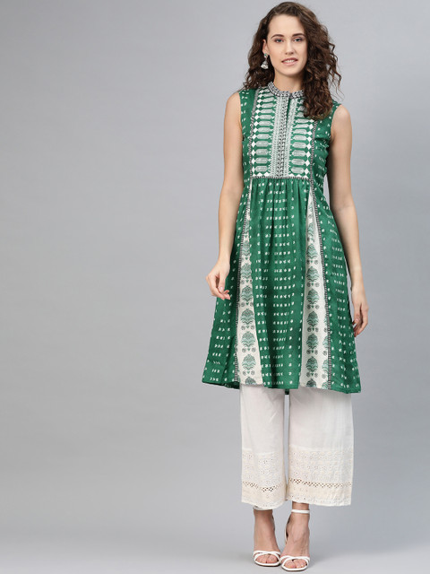 

W Women Green & White Printed A-Line Kurta