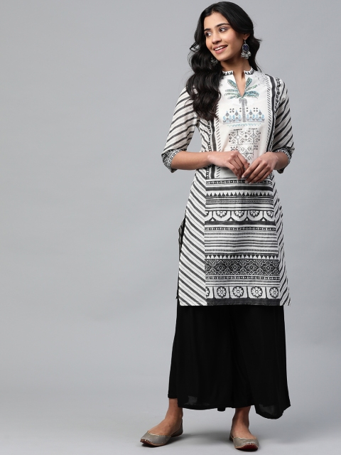 

W Women Off-White & Charcoal Grey Printed Straight Kurta
