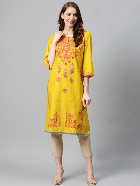 

W Women Yellow & Orange Pure Cotton Printed Straight Kurta