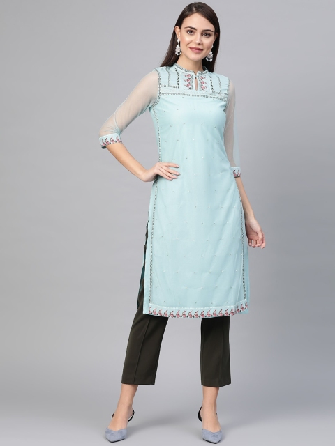 

W Women Blue Printed Semi-Sheer Layered Straight Sustainable Kurta