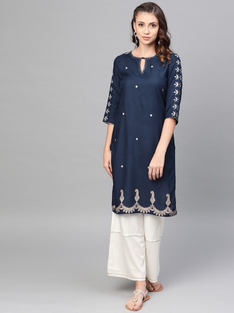 

W Women Navy Blue & Silver Printed Straight Kurta