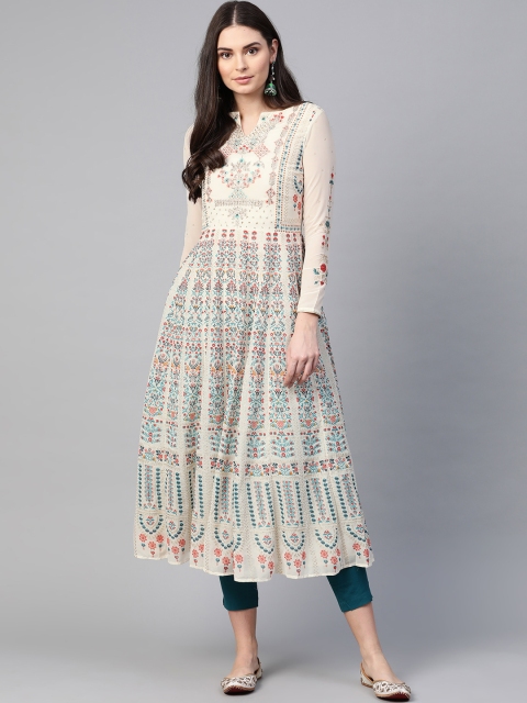 

W Women Cream-Coloured & Golden Ethnic Motifs Print Sequins Kurta