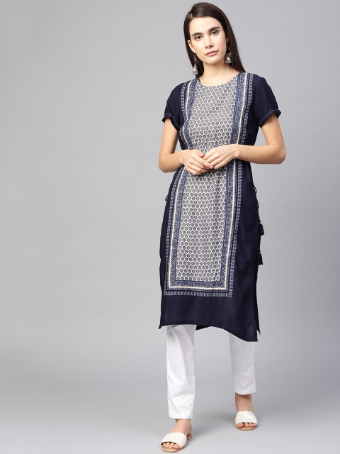 

W Women Navy Blue & Off-White Printed Straight Kurta