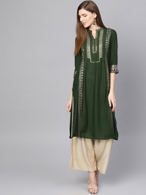 

W Women Olive Green & Golden Printed Straight Kurta