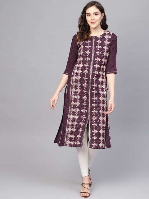 

W Women Purple & Peach-Coloured Printed Straight Kurta