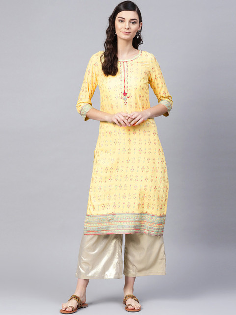 

W Women Yellow & Golden Printed Straight Sustainable Kurta