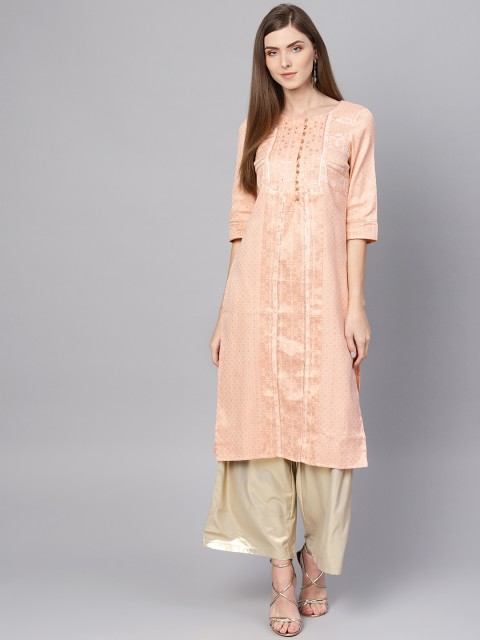 

W Women Peach-Coloured & White Woven Design Straight Kurta