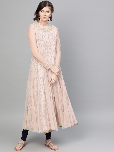 

W Women Cream-Coloured & Navy Blue Printed A-Line Kurta